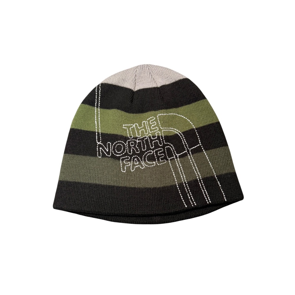 The North Face Beanie Hat Striped Green Black Embroidered Logo Skull Cap